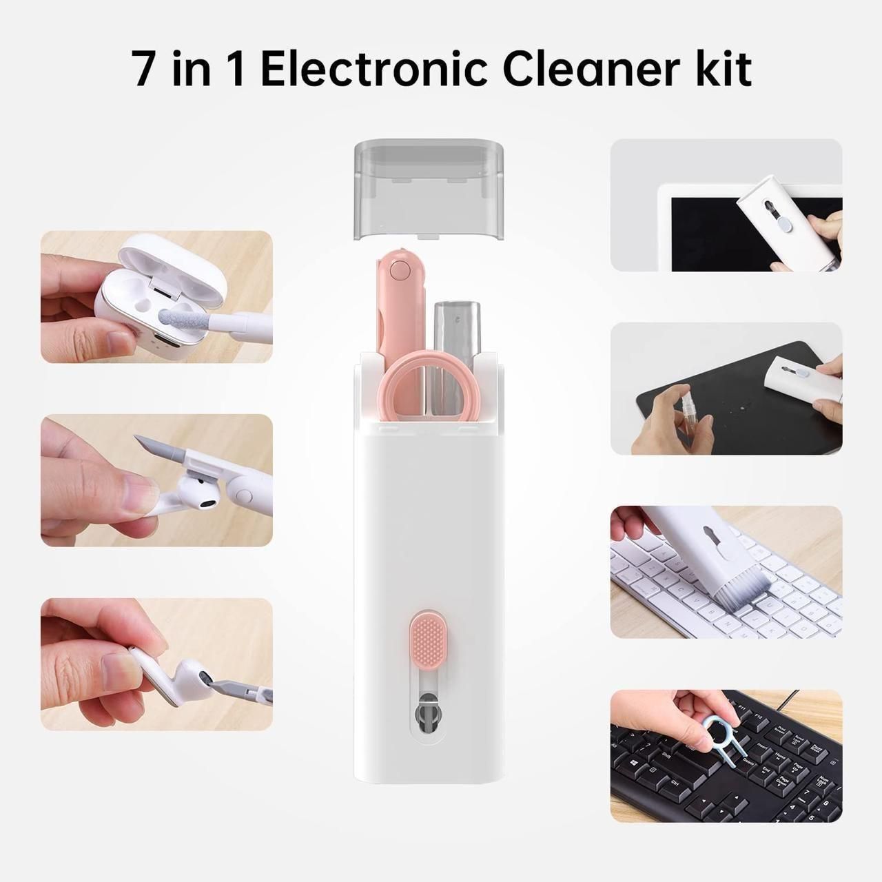 Multifunctional electronic 7 in 1 cleaning kit with brush, tools for AirPods, keyboards, laptops, phones, and monitors. Perfect for thorough and easy device cleaning.