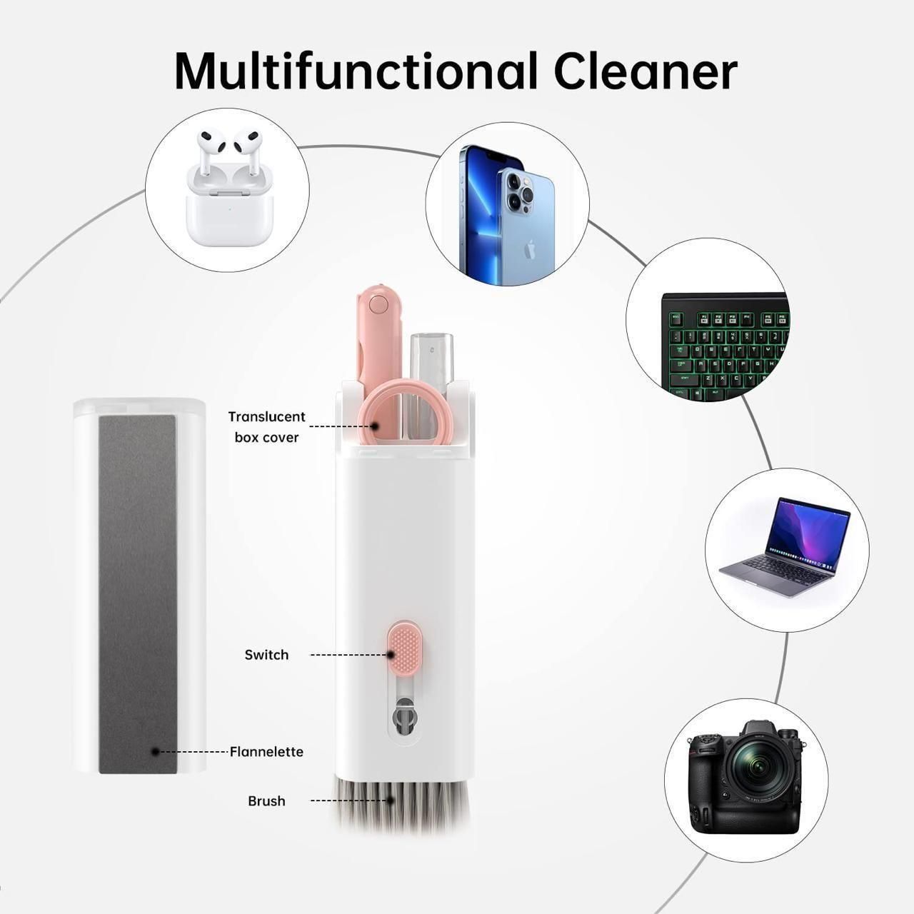 Multifunctional electronic 7 in 1 cleaning kit with brush, tools for AirPods, keyboards, laptops, phones, and monitors. Perfect for thorough and easy device cleaning.