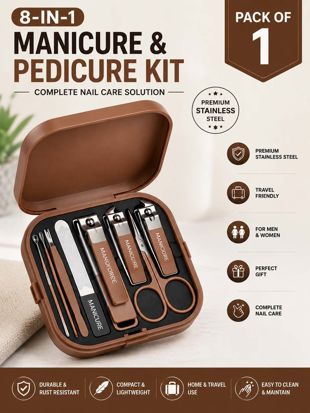 Professional 8-in-1 Manicure and Pedicure Kit – Complete Stainless Steel Grooming Set for Home & Travel