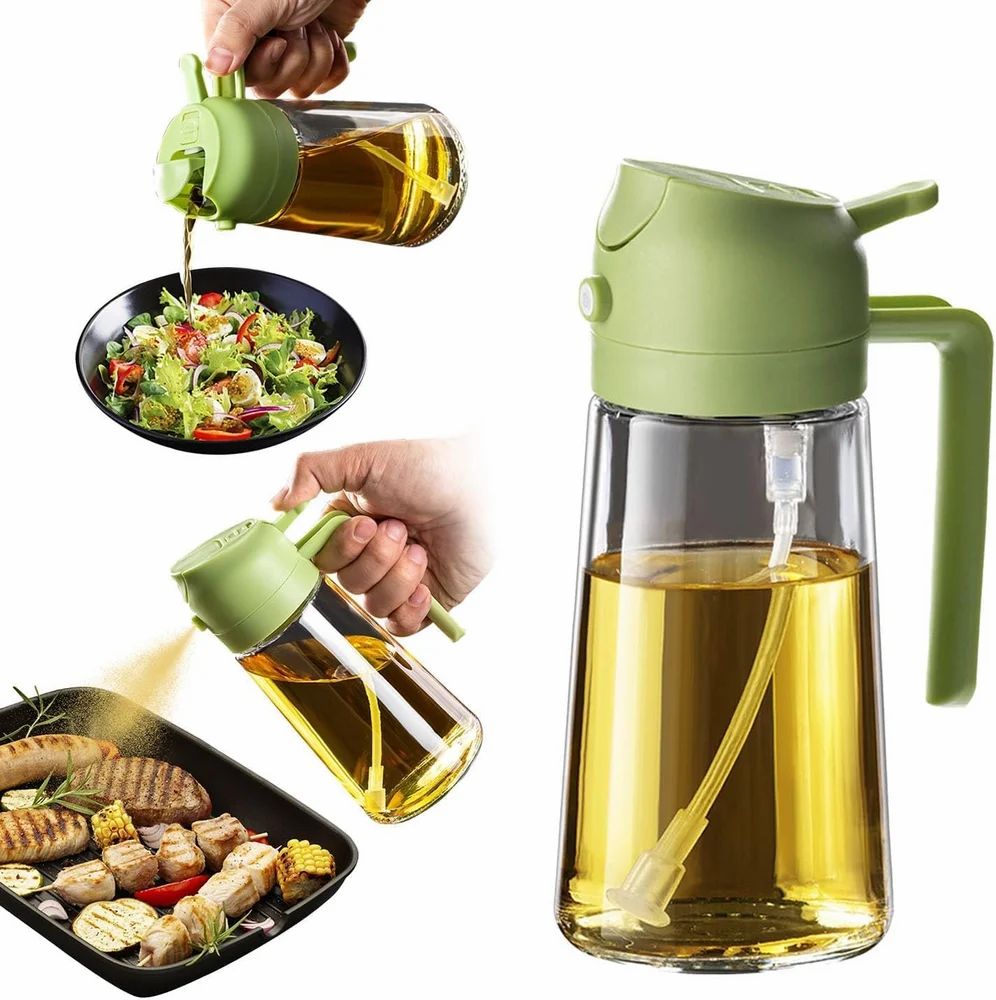 2-in-1 Glass Oil Sprayer & Dispenser Bottle | Dual Function Spray & Pour Bottle for Kitchen, Air Fryer, BBQ & Salad
