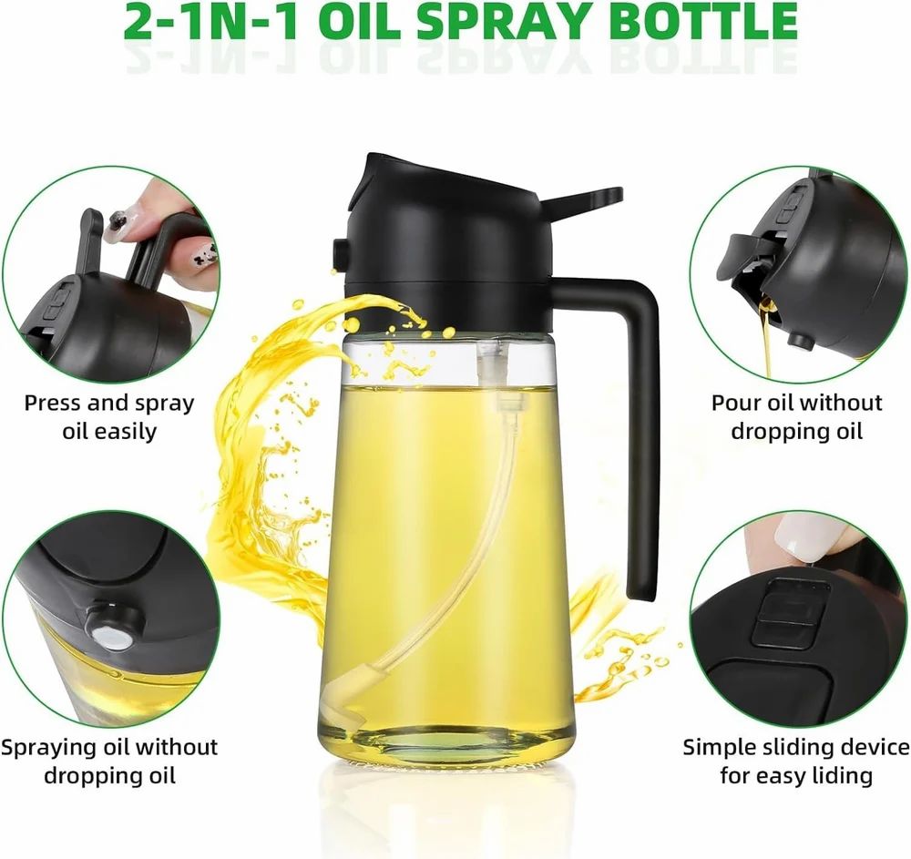 2-in-1 Glass Oil Sprayer & Dispenser Bottle | Dual Function Spray & Pour Bottle for Kitchen, Air Fryer, BBQ & Salad